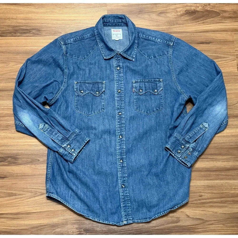 Levis Shorthorn Sawtooth Western Denim Shirt Medium Wash Pearl Snap Men's Sz XL